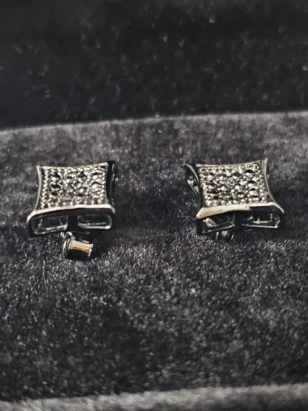 .925 Sterling Silver Black Square 7.5mm Earrings with black prong set CZs